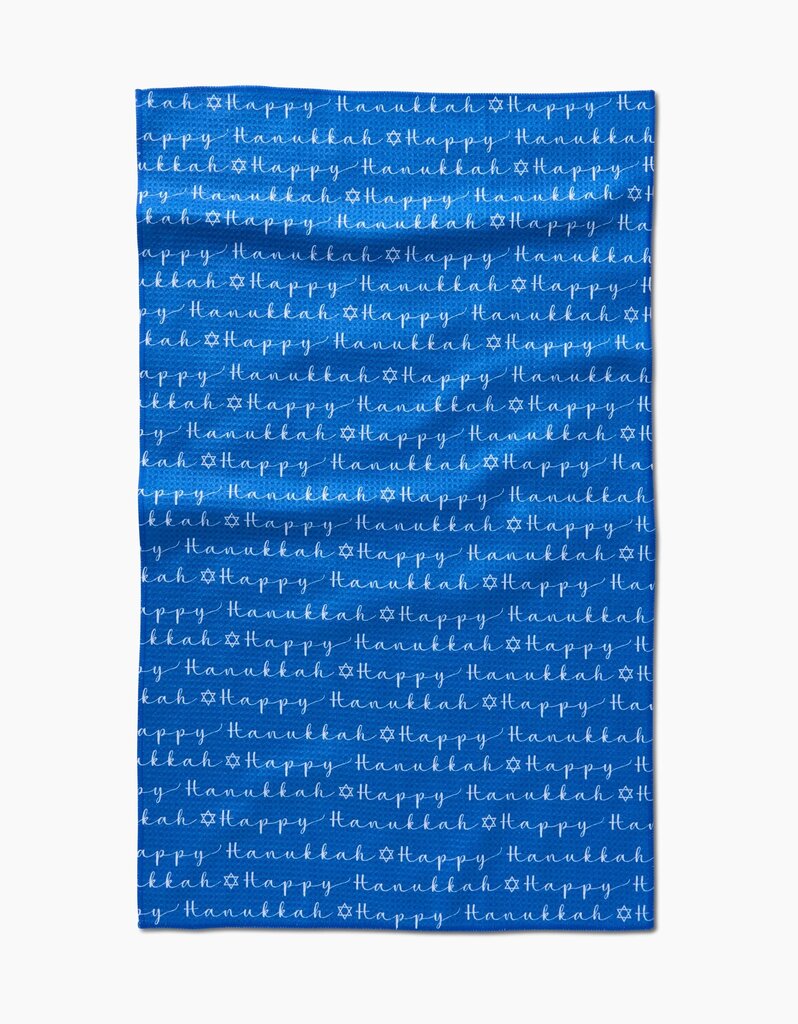 Happy Hanukkah Blue Geometry Tea Towel