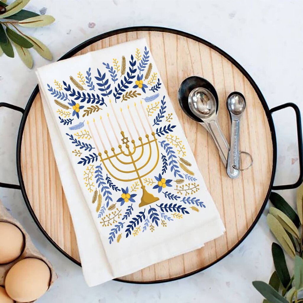 Hanukkah Menorah Flowers Tea Towel TT-5056