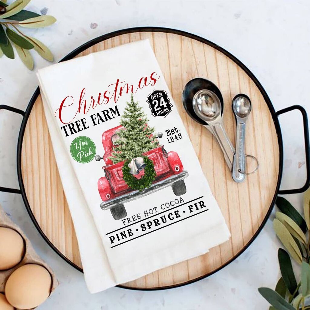 Christmas Tree Farm Red Pick Up Flour Sack Tea Towel TT-4856