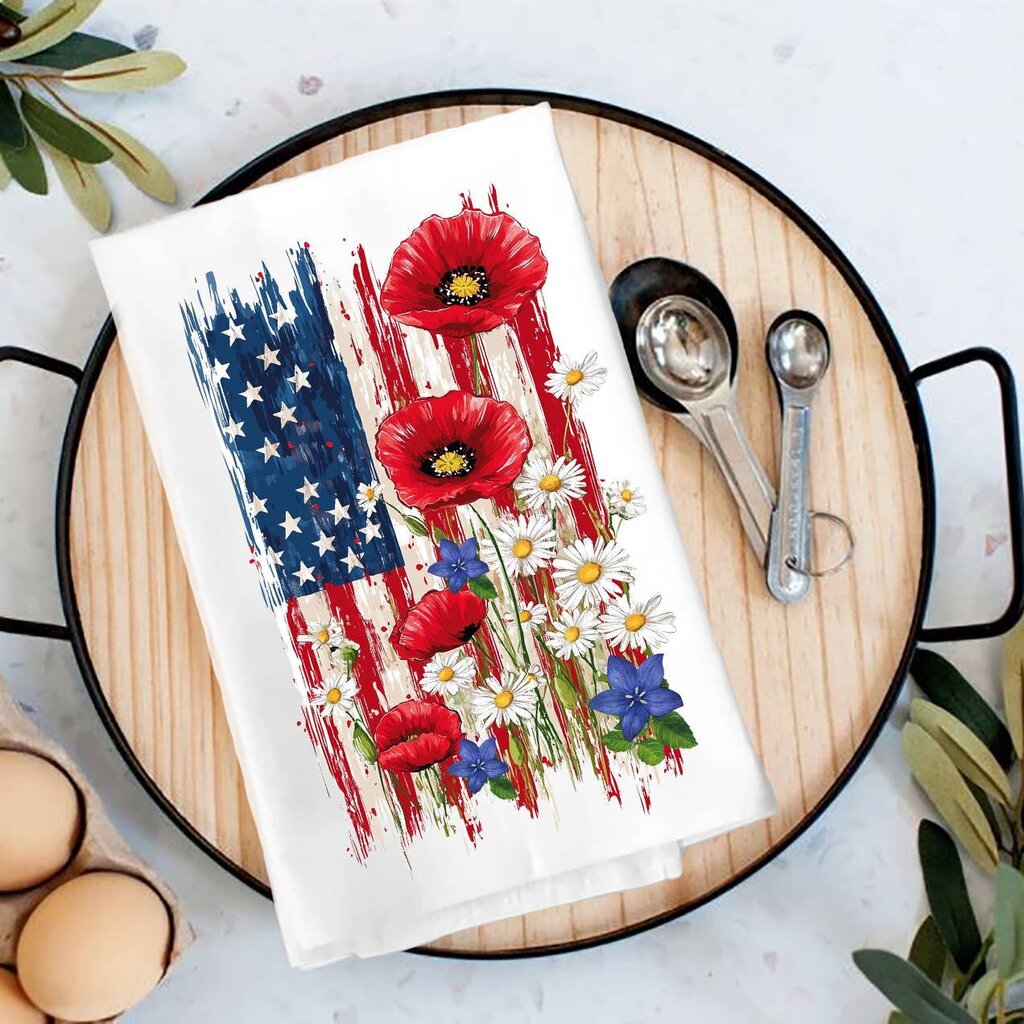 Patriotic American Flag Flowers Flour Sack Tea Towel TT-5110