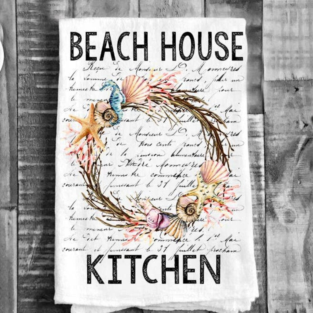 Beach House Kitchen Sea Shells Wreath Flour Sack Tea Towel TT-2033