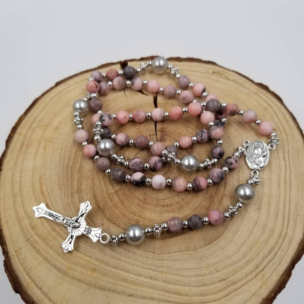 Natural Stone Bead Cross Necklace PINK