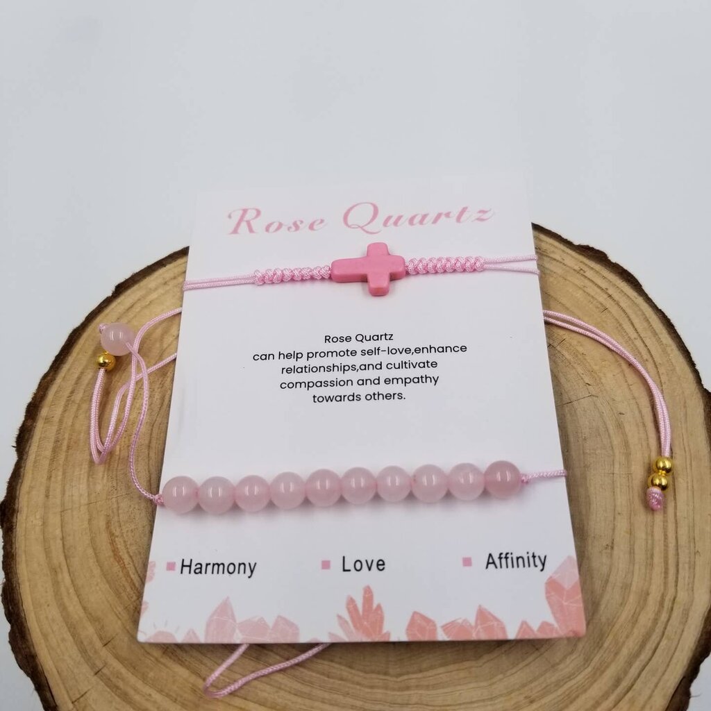 Natural Stone Bead Cross Bracelet Set PINK Rose Quartz