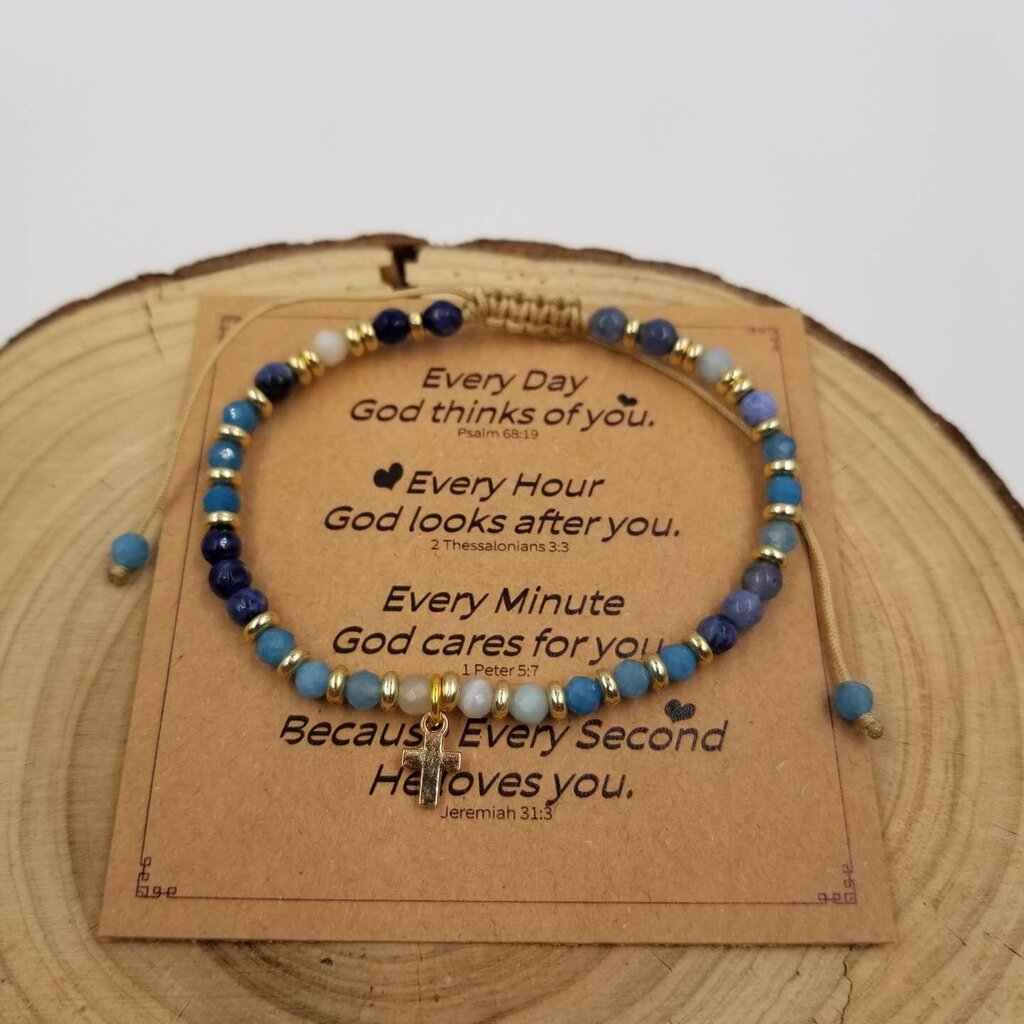 Cross Mini Natural Stone Bead Bracelet W/ Blessing Card BLUE