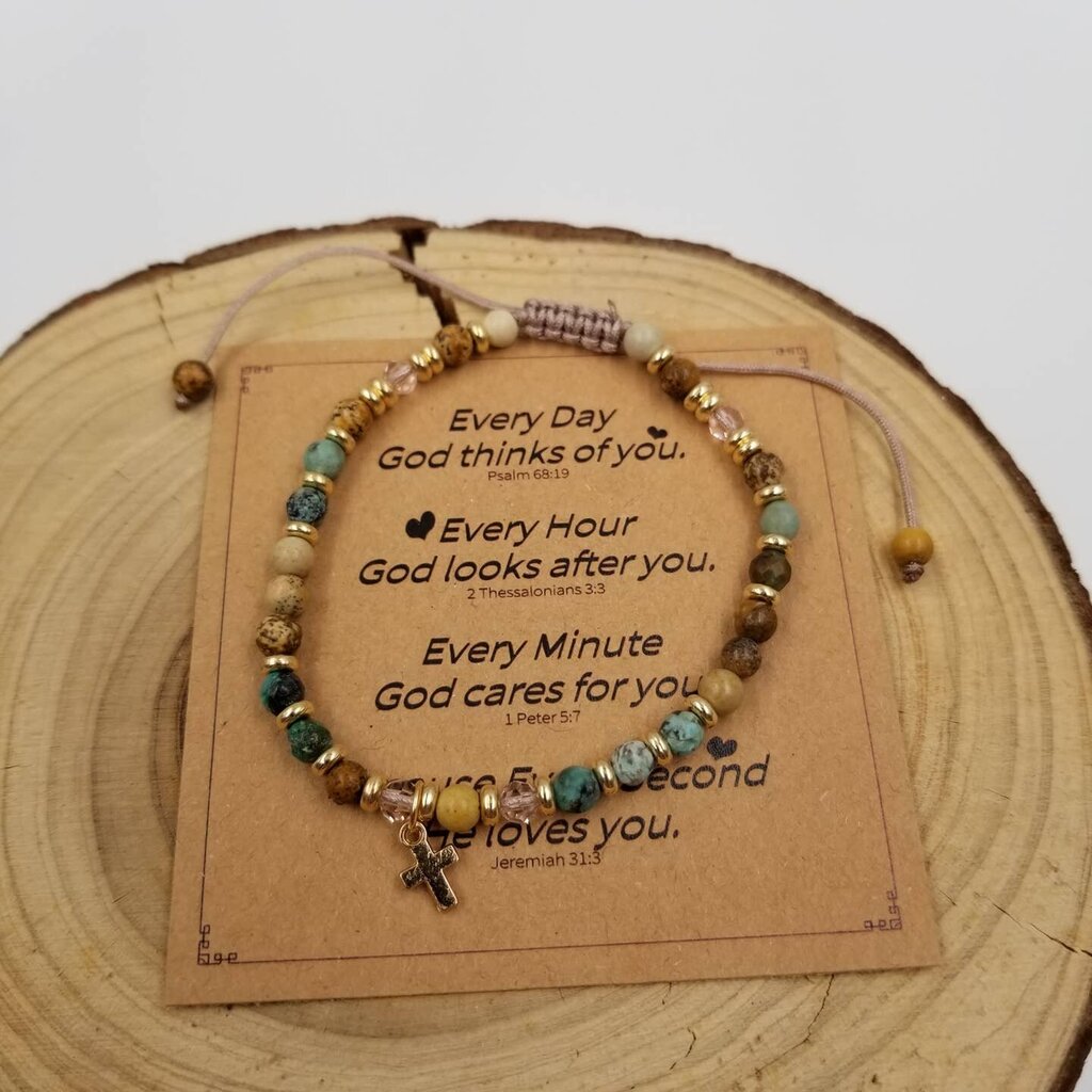 Cross Mini Natural Stone Bead Bracelet W/ Blessing Card BROWN