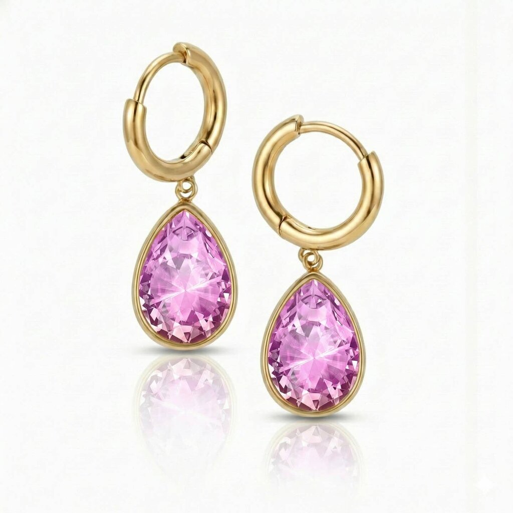 Teardrop Crystal Gold Stainless Steel PINK Earrings EAR-015-GP