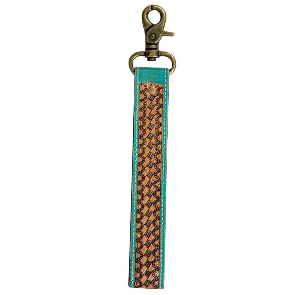 Teal Accent Hand Tooled Strap Key Fob S-8198
