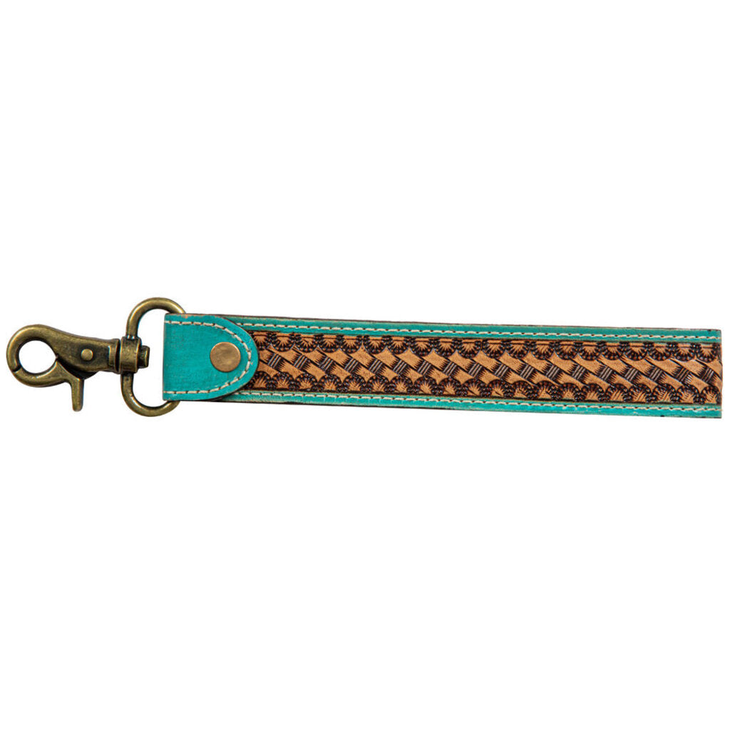 Teal Accent Hand Tooled Strap Key Fob S-8198